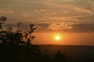 Abend Sonnenuntergang Horizont und Gebüsch von Bäume. Blau Gelb Horizont und Wolken.mit foto