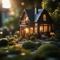 Miniatur Haus mit schön Garten mit dramatisch Umgebungs Beleuchtung, ai generativ foto