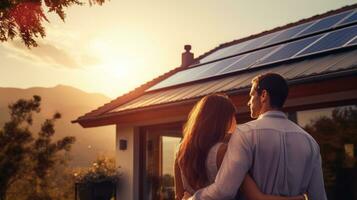 jung verheiratet Paar umarmt im Vorderseite von das Haus im Sommer- Sonnenuntergang foto