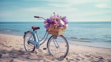 Fahrrad mit ein Korb sitzt auf oben von Sand in der Nähe von das Ozean foto