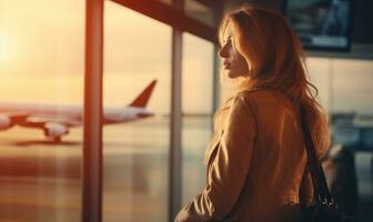 ein Frau ist Sitzung durch ein Fenster mit Blick auf ein Flughafen foto