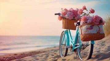 Fahrrad mit ein Korb sitzt auf oben von Sand in der Nähe von das Ozean foto