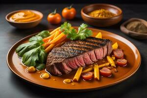 geschnitten Rindfleisch Steak mit Petersilie auf ein Platte. ai generativ foto