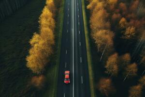 ein Auto Fahren Nieder ein Autobahn durch hoch Bäume foto