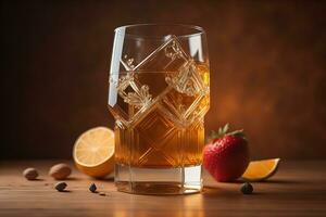 Whiskey mit Eis und Früchte auf hölzern Tisch, Nahaufnahme. generativ ai foto