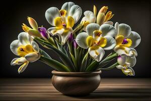 Strauß von Krokus und Tulpen auf solide Farbe Hintergrund. ai generativ foto