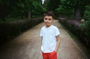 Porträt gut aussehend kaukasisch Schule Alter Junge im Weiß T-Shirt, lächelnd suchen beim Kamera, Stehen im das Gasse von ein Park foto