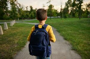 Rückseite Aussicht von ein Schüler mit Schulranzen Rucksack Gehen auf das Pfad im Öffentlichkeit Park, gehen Zuhause nach Schule foto