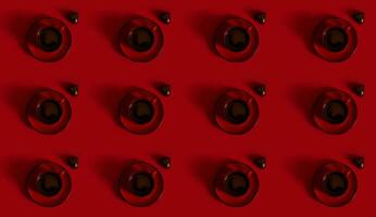 Muster von eben legen Komposition mit ein rot Tasse von Kaffee auf ein Keramik Untertasse und ein Praline im das gestalten von Herz auf rot Hintergrund. Konzept von Schokolade Tag auf rot Hintergrund mit Kopieren Raum foto