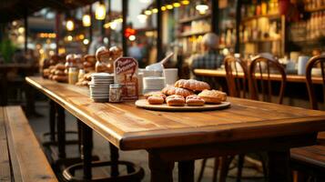 frisch Gebäck Brot Gebäck Lügen auf das Tabelle im das Cafe Bäckerei selektiv Fokus verschwommen Hintergrund. ai generiert foto