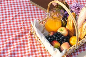 Picknick Mittagessen Mahlzeit draußen Park mit Essen Picknick Korb. genießen Picknick Zeit im Park Natur draussen foto