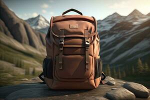 Rucksack auf ein Felsen im das Berge. generativ ai foto