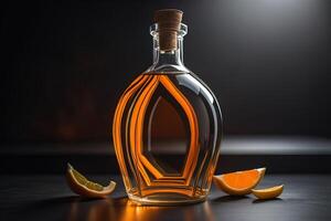 Flasche von Orange Brandy mit ein Kork auf ein schwarz Hintergrund. generativ ai foto