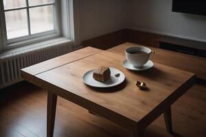 Tasse von Kaffee auf ein hölzern Tabelle im ein modern Leben Zimmer. generativ ai foto