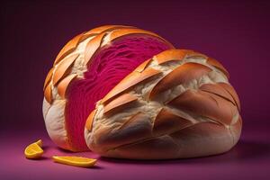 frisch gebacken Brot mit Orange auf ein Rosa Hintergrund, Nahansicht. generativ ai foto