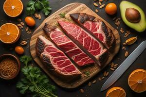 roh Rindfleisch Steak auf ein Schneiden Tafel mit Zutaten zum Kochen, oben Sicht. generativ ai foto