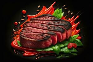 Scheiben von roh Rindfleisch auf ein schwarz Hintergrund mit rot Spritzen. generativ ai foto