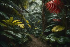 tropisch Urwald mit Palme Bäume und Weg, generativ ai foto