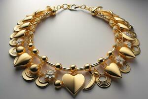 golden Halskette mit Herzen auf ein grau Hintergrund. generativ ai foto