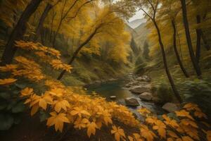 Herbst Wald Landschaft mit Fluss und Gelb Blätter im das Wald. generativ ai foto