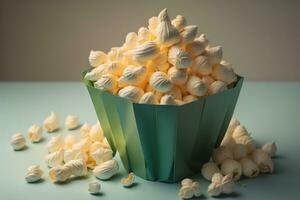 köstlich Popcorn im Papier Tasse auf Licht Blau Tisch, Nahaufnahme. generativ ai foto