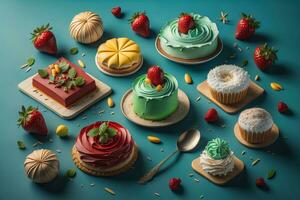 Cupcakes mit Früchte auf Blau Hintergrund. Dessert Konzept. generativ ai foto