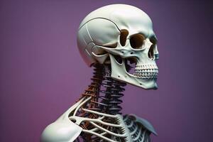 Mensch Skelett Modell- auf lila Hintergrund. generativ ai foto