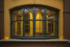 alt gestaltet Fenster mit Gelb Mauer und hölzern Tabelle im das Vordergrund. generativ ai foto