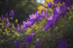 lila Blumen im das Garten, Nahansicht. Blumen- Hintergrund. generativ ai foto