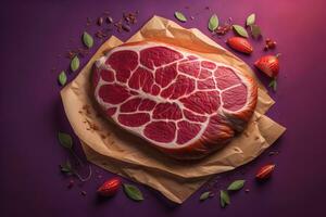 roh Rindfleisch Steak auf Papier mit Kräuter und Beeren auf lila Hintergrund, oben Sicht. generativ ai foto