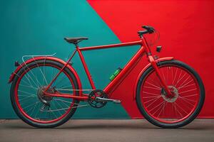 rot Fahrrad auf das Hintergrund von ein farbig Wand, Nahansicht. generativ ai foto