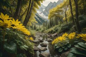 tropisch Wald mit Fluss und Gelb Blumen im das Berge. generativ ai foto
