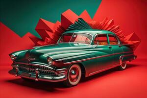 Jahrgang amerikanisch Auto auf ein rot Hintergrund. generativ ai foto