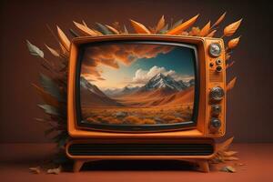 Jahrgang Fernsehen mit Herbst Blätter und Berge im das Hintergrund. generativ ai foto