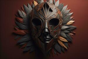 ein Maske mit ein Menge von Blätter auf ein dunkel Hintergrund. generativ ai foto