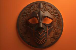 Wikinger Maske mit Ornament auf Orange Hintergrund. generativ ai foto