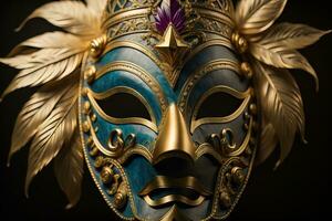 venezianisch Karneval Maske mit golden Ornament auf ein solide Farbe Hintergrund. ai generativ foto