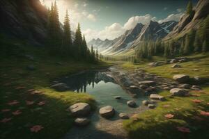 schön Fantasie Landschaft mit ein Fluss im das Berge. ai generativ foto