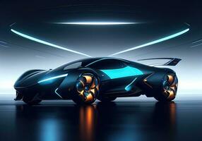 futuristisch schwarz Sport Auto im Neon- Licht. ai generativ foto