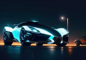 futuristisch schwarz Sport Auto im Neon- Licht. ai generativ foto