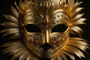 venezianisch Karneval Maske mit golden Ornament auf ein solide Farbe Hintergrund. ai generativ foto