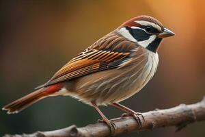 bunt Vogel thront auf ein Ast mit verschwommen Hintergrund, Nahaufnahme. ai generativ foto