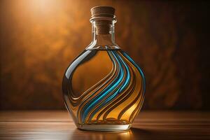 Flasche mit ein Flüssigkeit auf ein solide Farbe Hintergrund. ai generativ foto