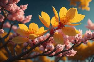 Kirsche blühen Sakura Blume auf Blau Himmel Hintergrund, ai generativ foto