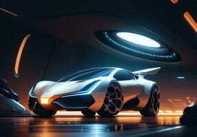 futuristisch schwarz Sport Auto im Neon- Licht. ai generativ foto