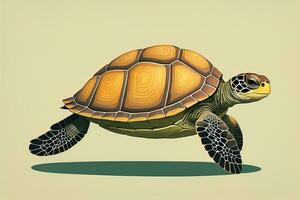 Illustration von ein Schildkröte auf ein Grün Hintergrund im Karikatur Stil. ai generativ foto