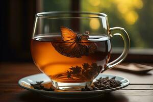 Tasse von Tee mit Minze Blätter auf hölzern Tisch, Nahaufnahme. ai generativ foto