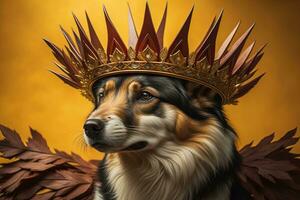 Porträt von ein süß Hund im ein golden Krone auf ein solide Farbe Hintergrund. ai generativ foto