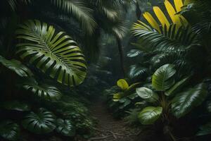 ein Weg im tropisch Regenwald mit Palme Bäume und Pfad im das Nebel. ai generativ foto