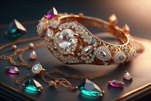 Hochzeit Ring mit Diamanten auf ein solide Farbe Hintergrund. Schmuck. ai generativ foto